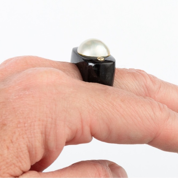 Pearl ring black agate 14K gold diamond accents chunky statement ring luxury 8 - Picture 12 of 16